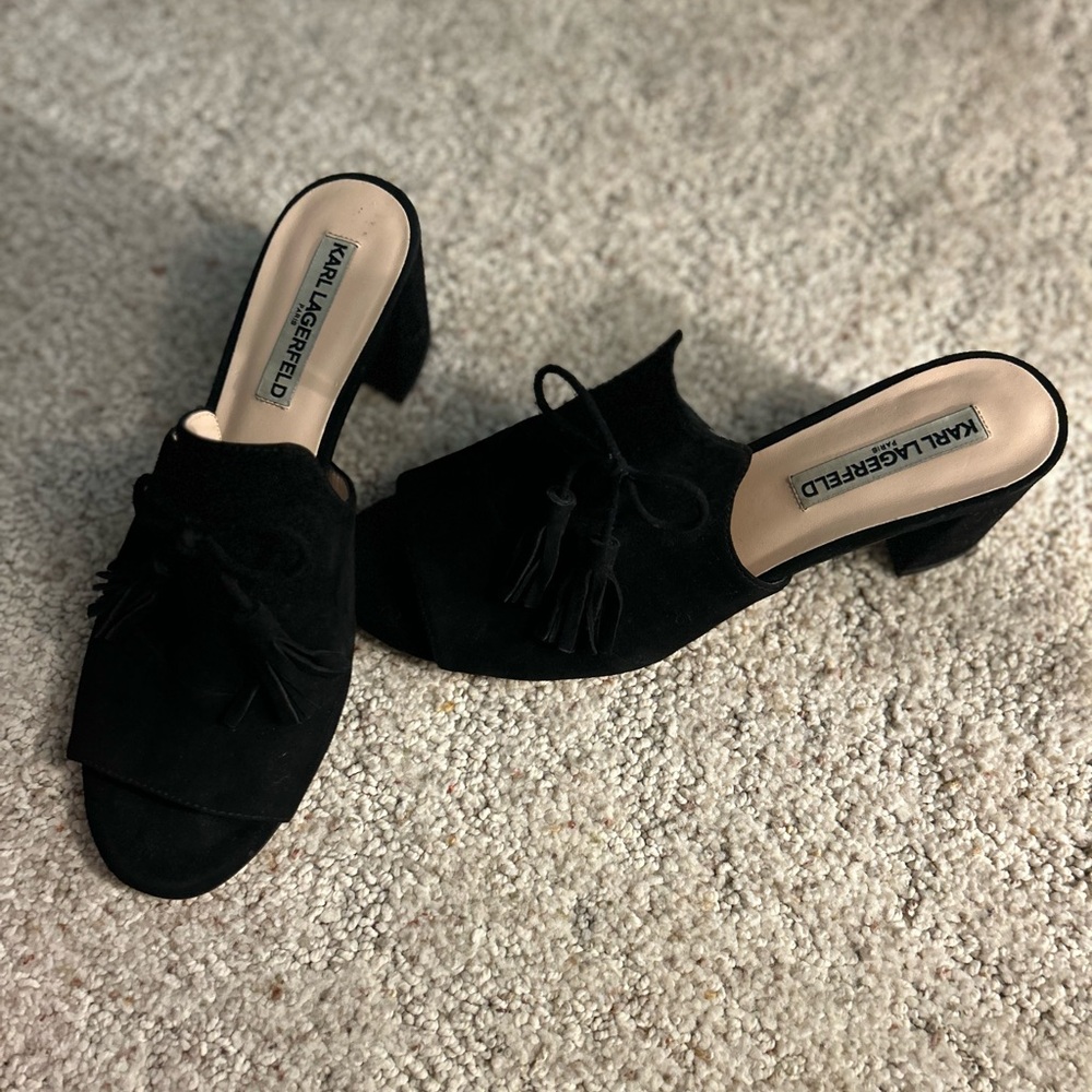 Karl Lagerfeld Black Suede Mules with Tassels